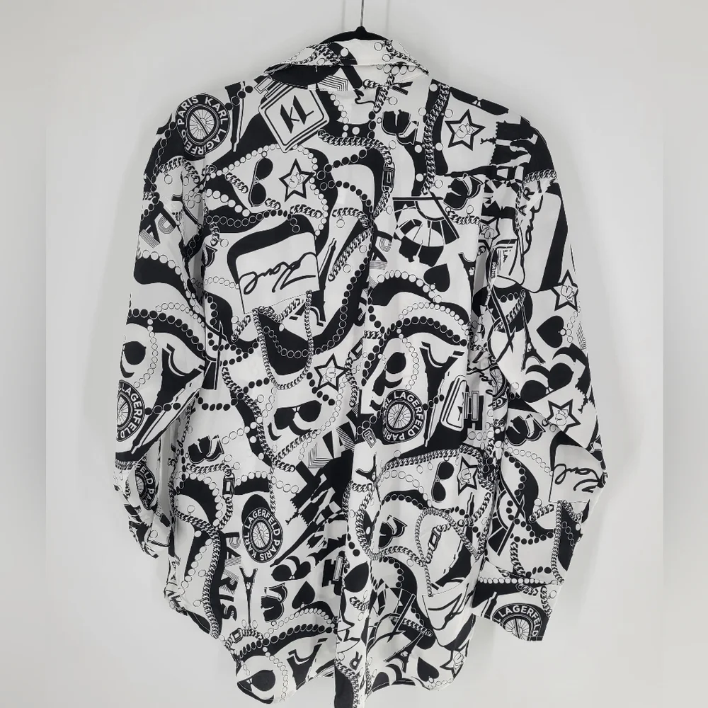 KARL LAGERFELD Black White Print Button Up Shirt Top Size S New - Picture 3 of 4